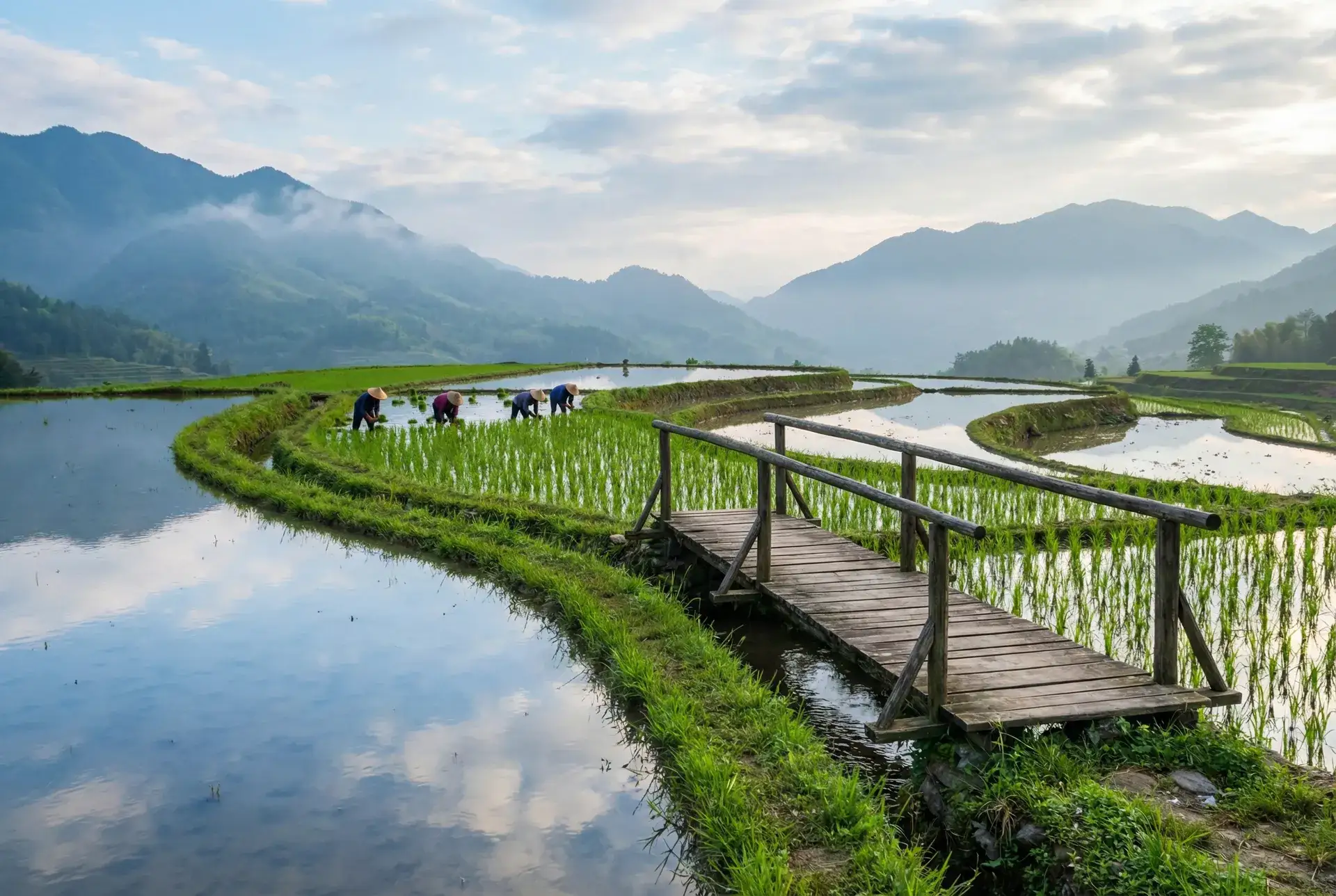 层叠梯田倒映天光，农人在水田间劳作 - 血瞳妖巫 田园风光